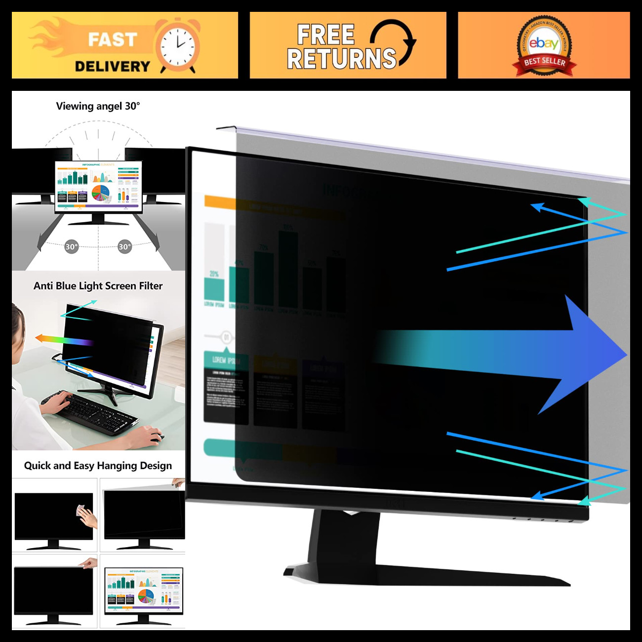 20-22 Inch Hanging Computer Privacy Screen | Anti-Spy Filter | Blue Light Blocki