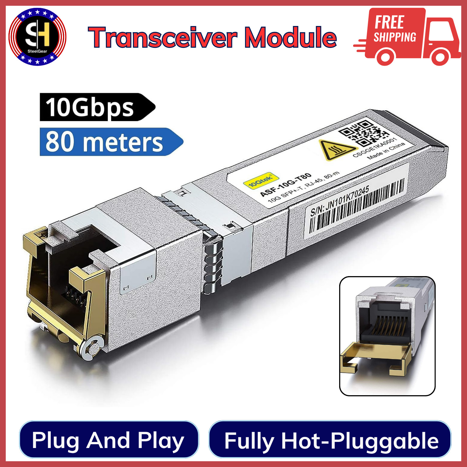 10Gtek 80 Meters, 10GBase-T SFP+ to RJ-45 Transceiver, 10Gbe SFP+ to Ethernet