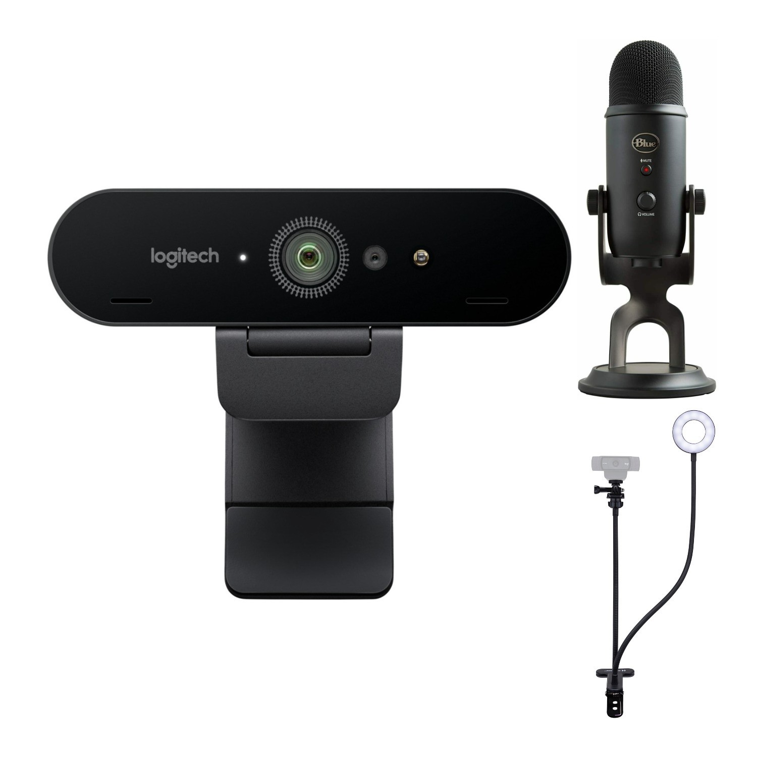 Logitech 4K Pro Webcam Yeti Blackout Ring Light Webcam Stand Bundle