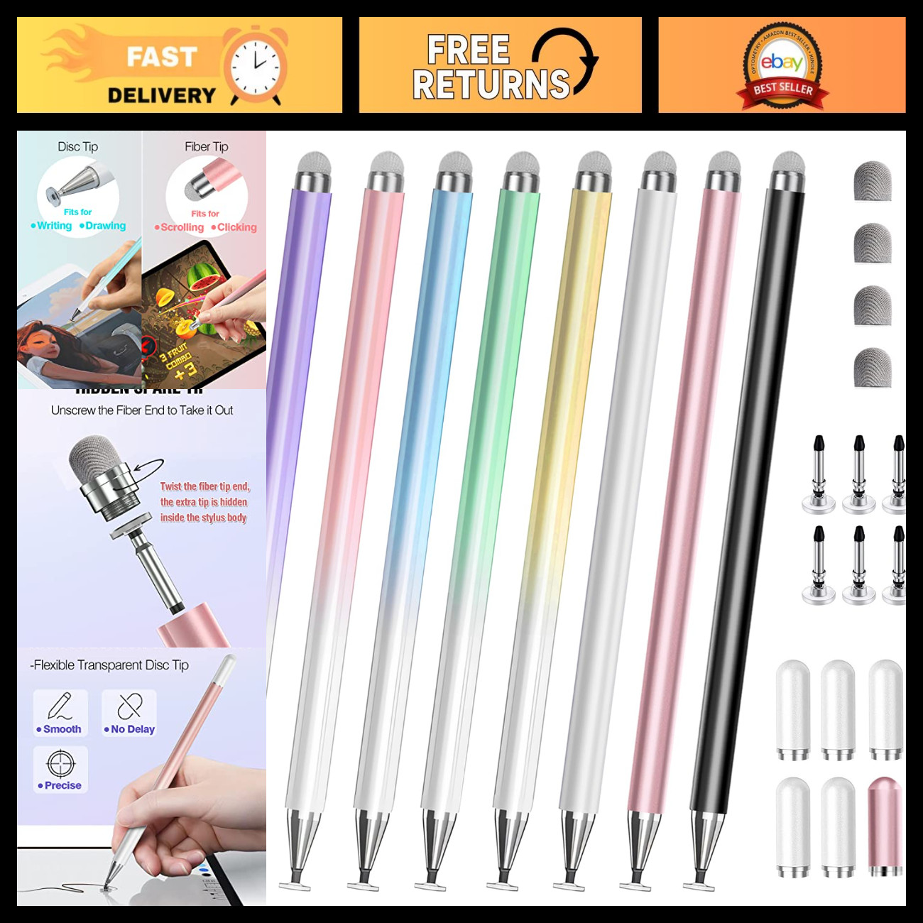 2-in-1 Touchscreen Stylus Pen Set, Fine Disc Tip for iPhone, iPad, Android, Lapt