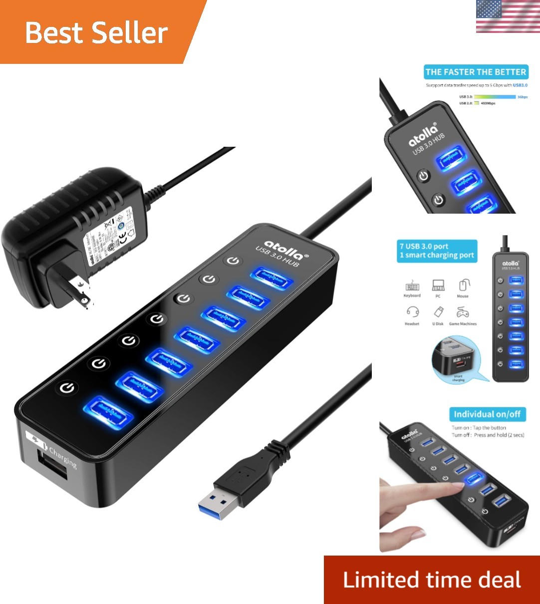 8-Port USB 3.0 Hub with Smart Charging & Individual Switches for Fast Data Sync