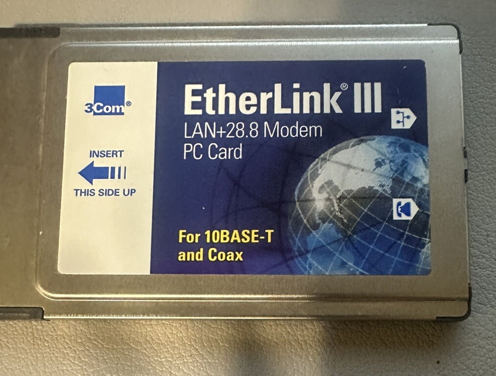 EtherLink III 3 Com LAN+33.6 Modem Standard PC Card For 10BASE-T & Coax 