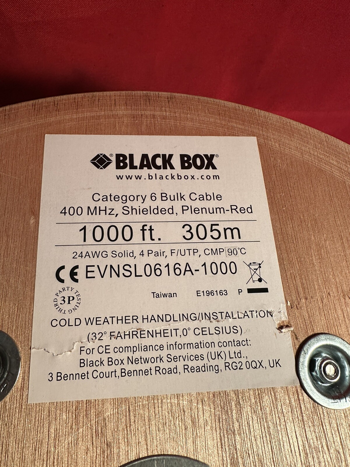 Black Box Category 6 Bulk 400MHz shielded plenum red 1000ft Cold weather NEW