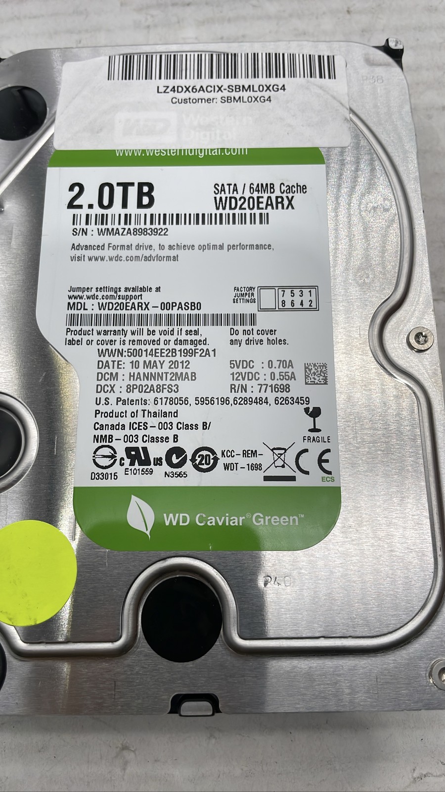 Western Digital WD20EARX-00PASB0 2TB SATA 64MB Caviar Green HDD