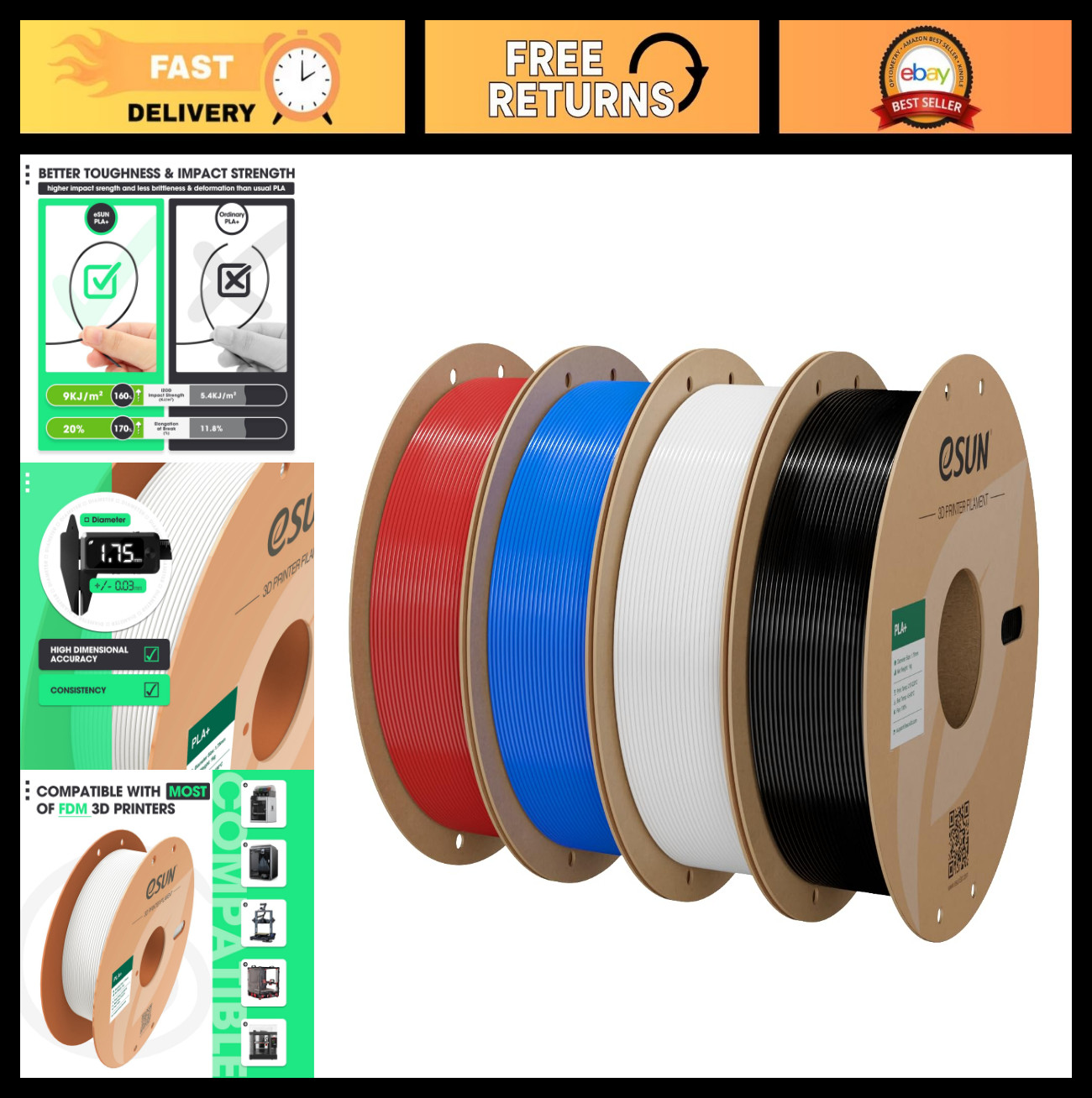 High-Quality 3D Printing PLA Plus Filament 1.75mm, 4KG, Dimensional Accuracy +/-
