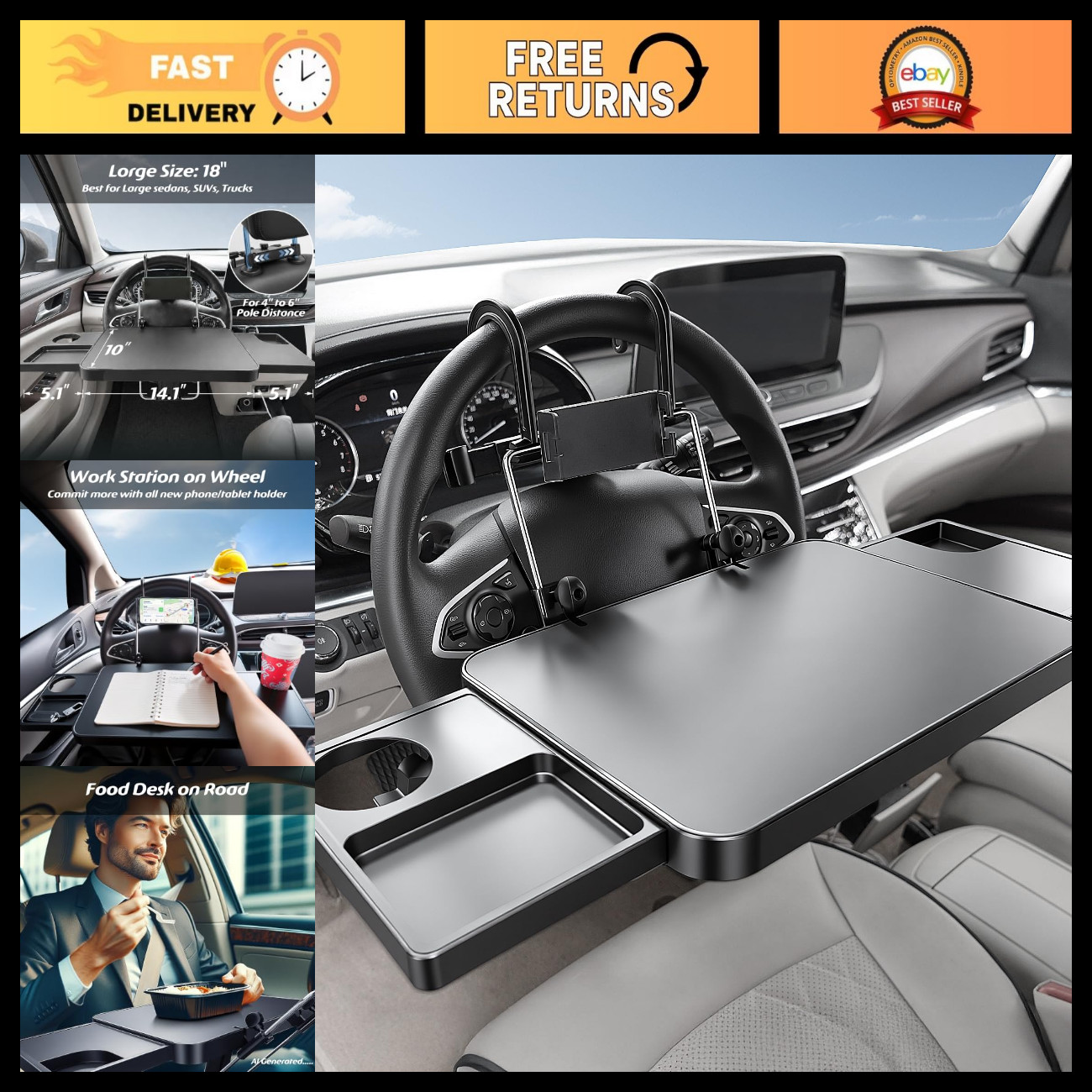 Large Car Steering Wheel Tray with Phone Holder & Food Table for SUVs, Trucks, V