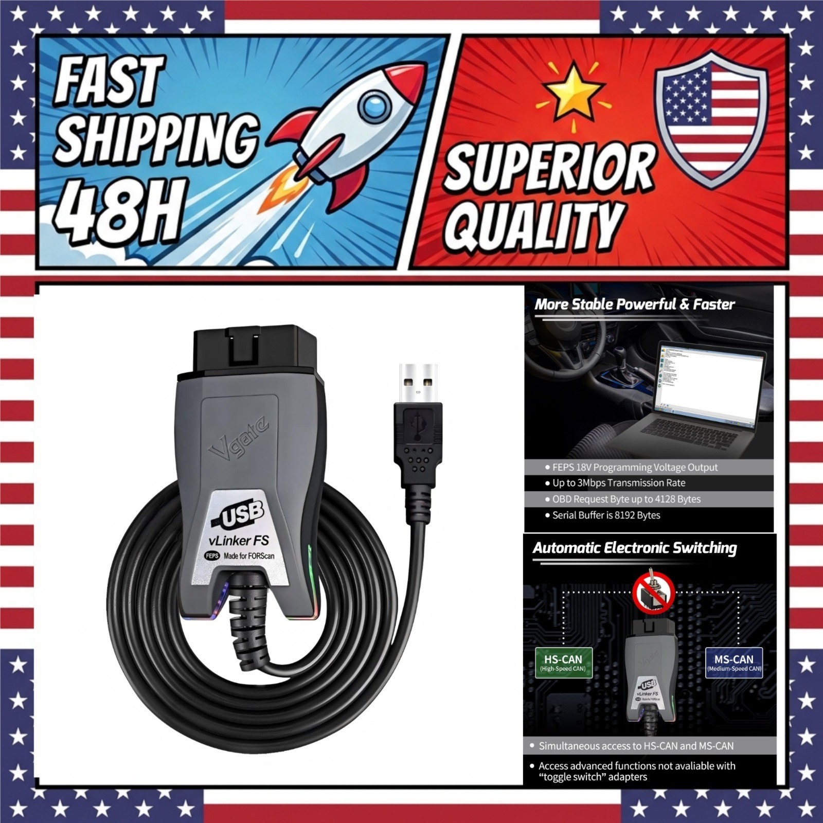 Vgate vLinker FS OBD2 USB Adapter FORScan HS/MS-CAN Auto Switch Diagnostic Tool