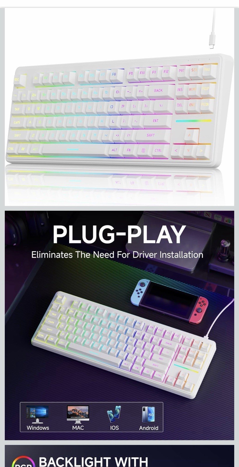 Eweadn V80 Multi functional Wired TKL Keyboard 26 Key Anti-Ghosting PBT Keycaps
