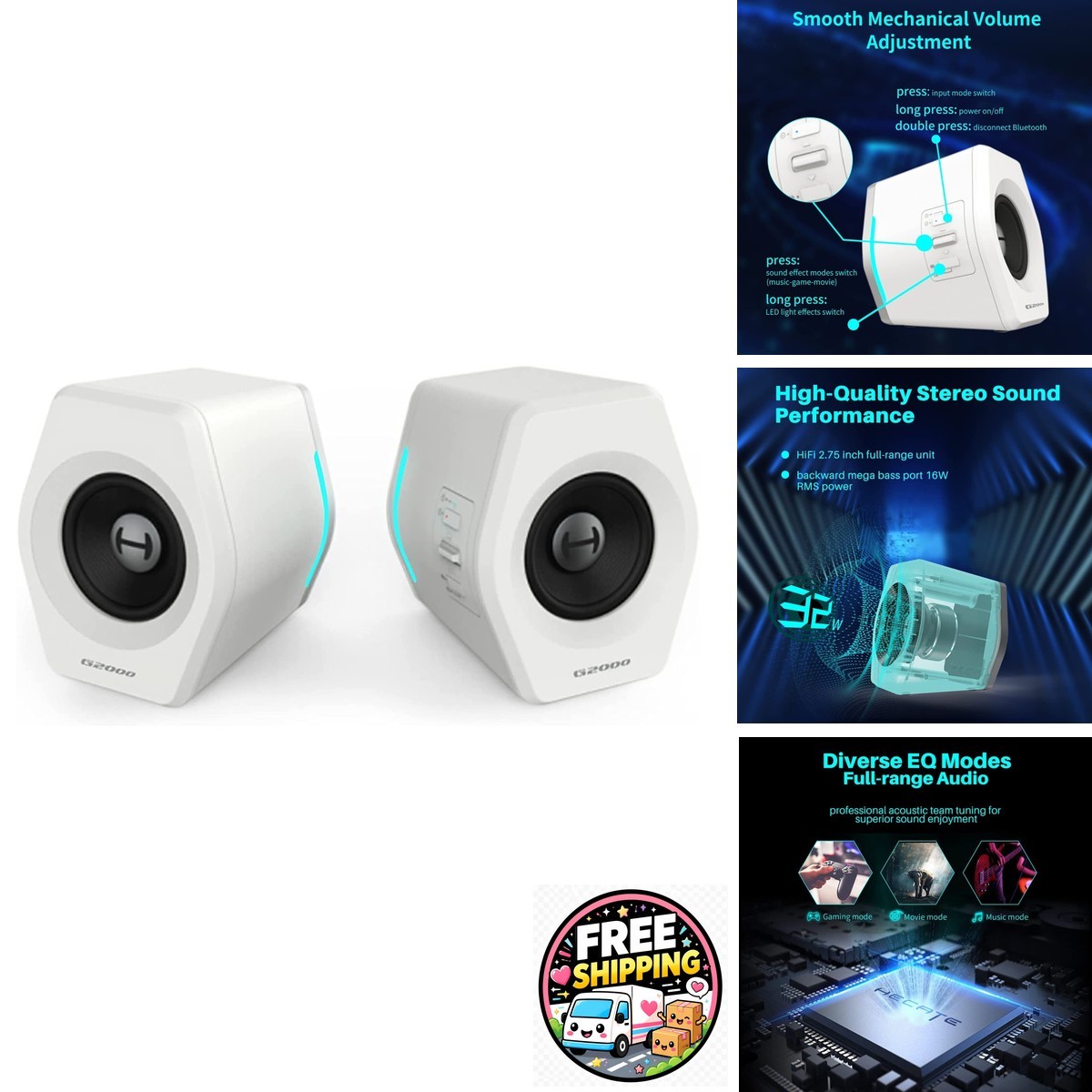G2000 32W Computer Speakers Bluetooth USB 3.5mm AUX RGB Lights White