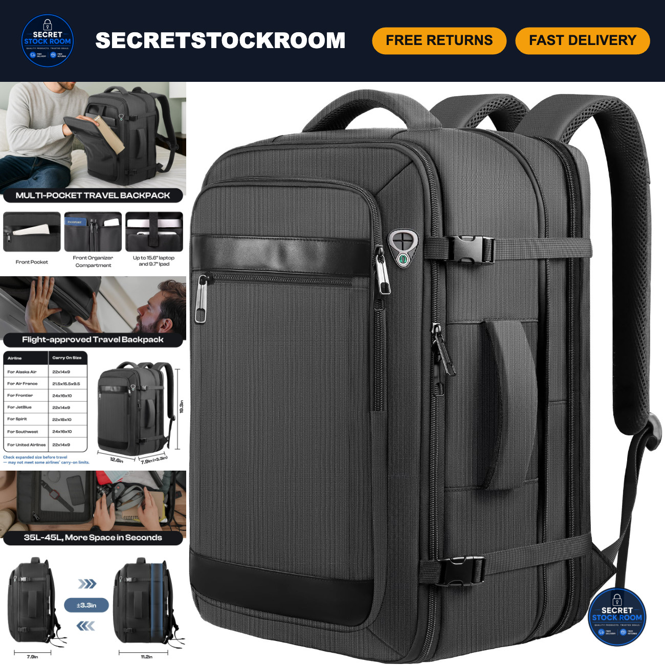 Durable Expandable 17.3" Travel Laptop Backpack, Black Carry-On Bag for Men & Wo