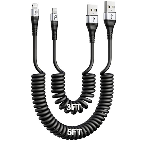 Charger Cable for Car (3FT/5FT), 2Pack Coiled Lightning Cable
