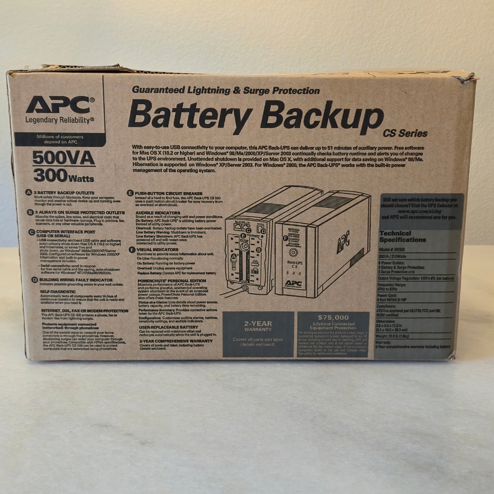 APC BK500 Beige Auto Shutdown 6 NEMA Outlet Back-UPS CS Battery Backup System