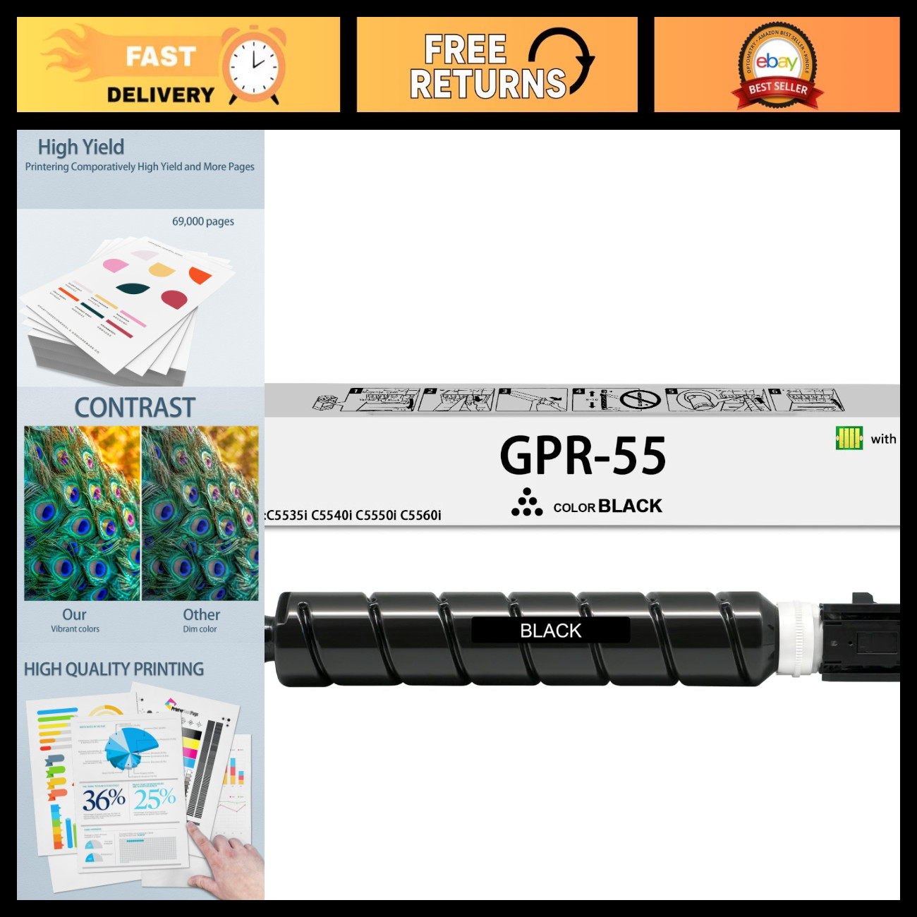 Compatible Black Toner Cartridge with Chip for Canon GPR-55 - High Yield, Qualit