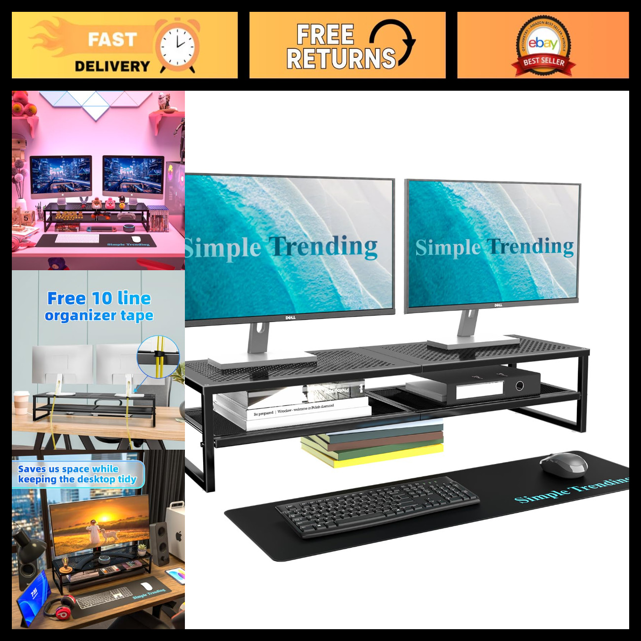 Dual Monitor Stand Riser with Mouse Pad - Adjustable Height, Black, Ergonomic De