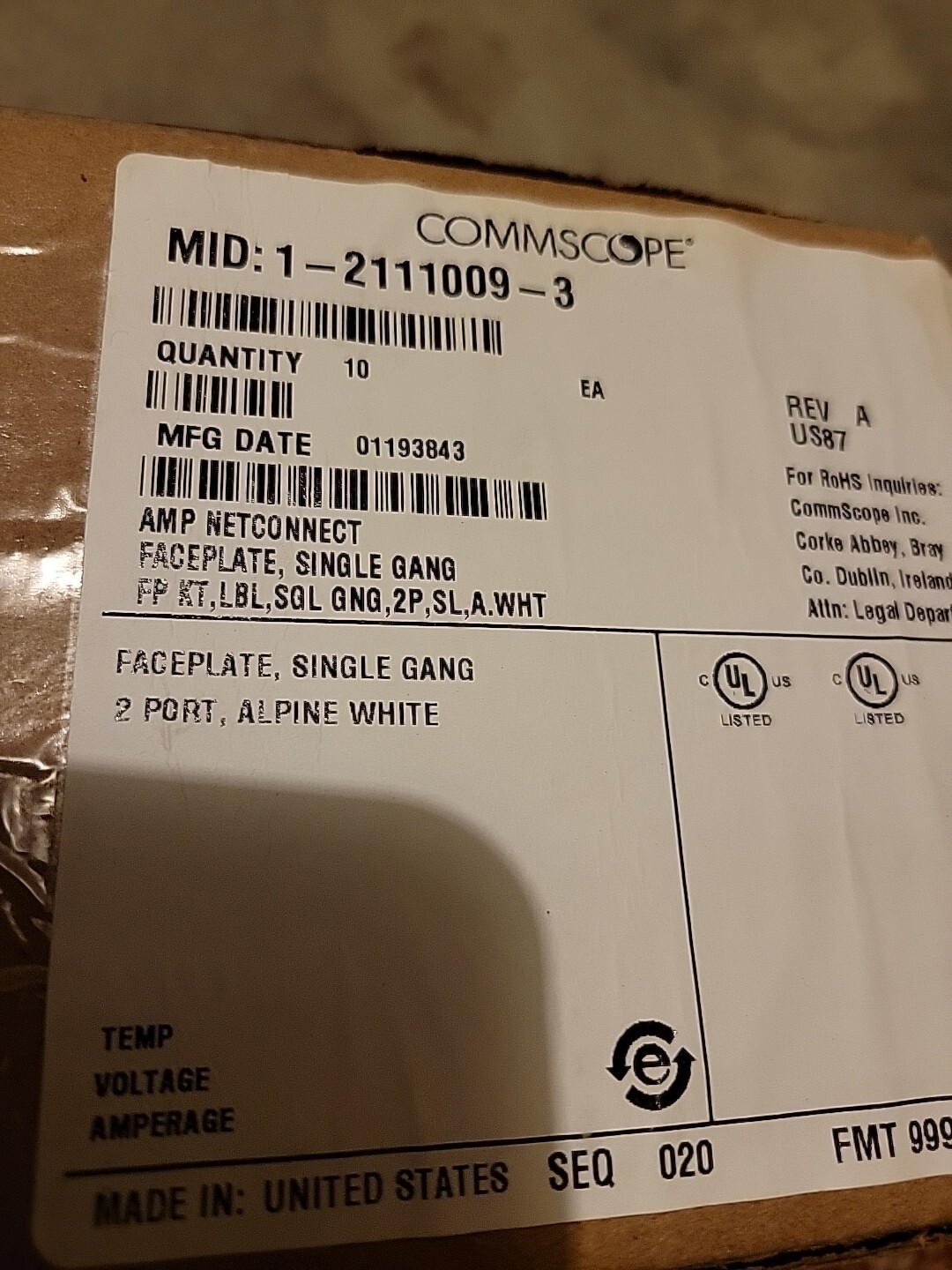 NEW (10) COMMSCOPE 1-2111009-3 Faceplate Single Gang/2 Port/Alpine White