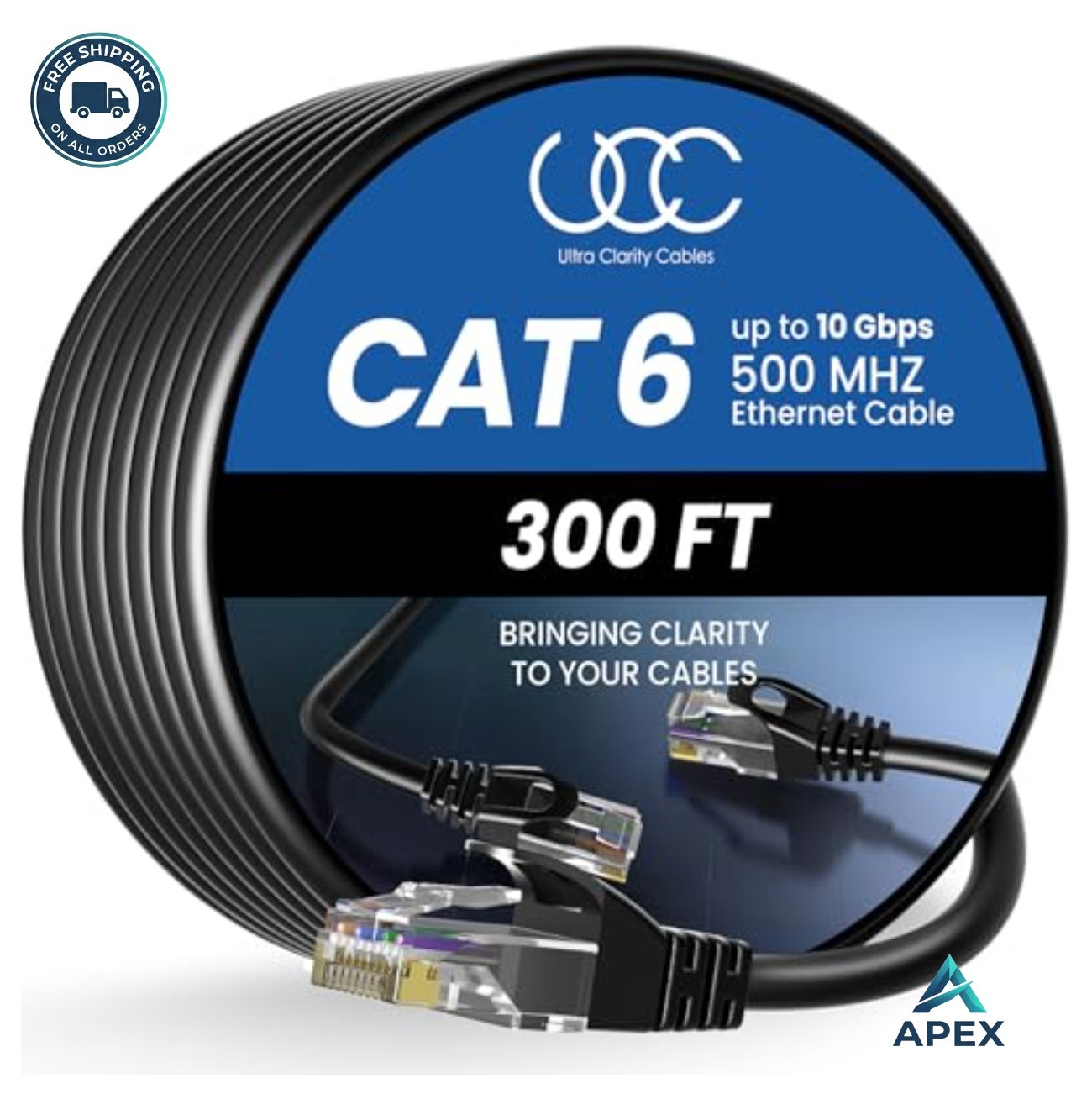 Cat6 Ethernet Cable 300 FT 10Gbps 500 MHz RJ45 UTP 24 AWG Copper Indoor Outdoor