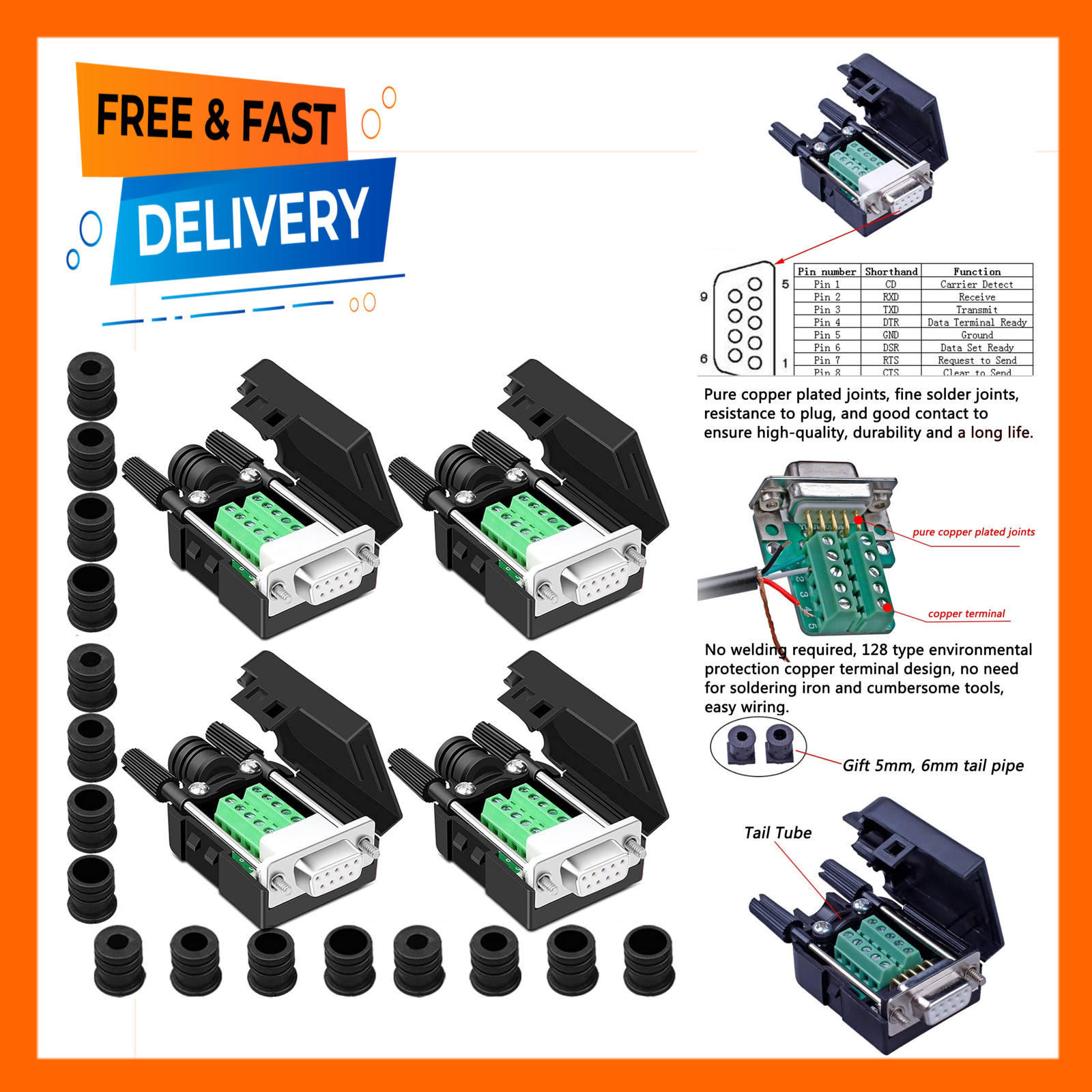 4PCS DB9 Female Serial Adapter Solderless RS232 Connector Compatible Devices