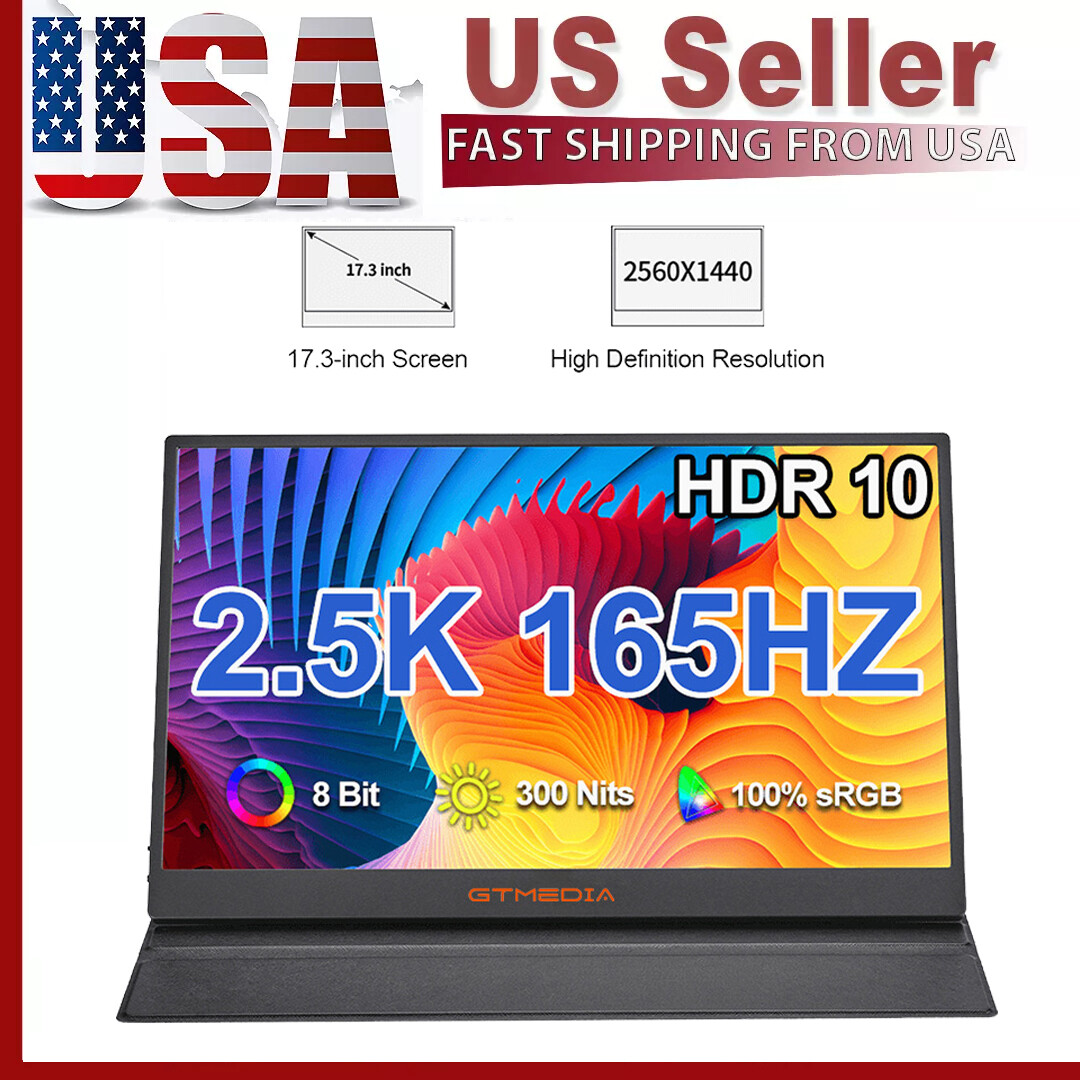 Gaming Monitor 165Hz 17.3 inch Portable Screen 2.5K USB-C HDMI with Smart Cover 
