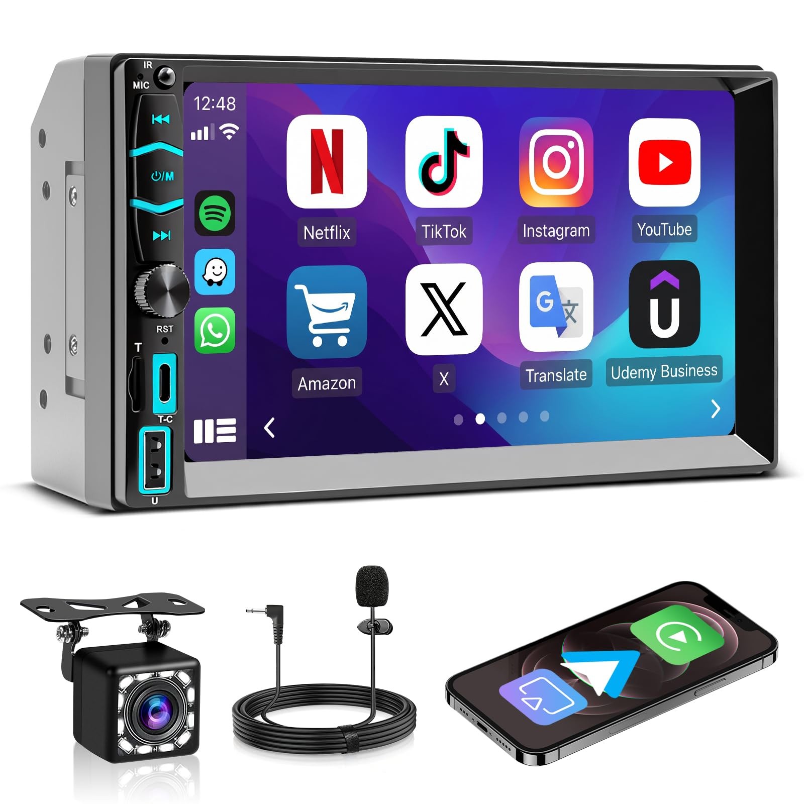 7" Wireless Double Din Car Stereo with CarPlay Radio Screen for Car Audio Rec...