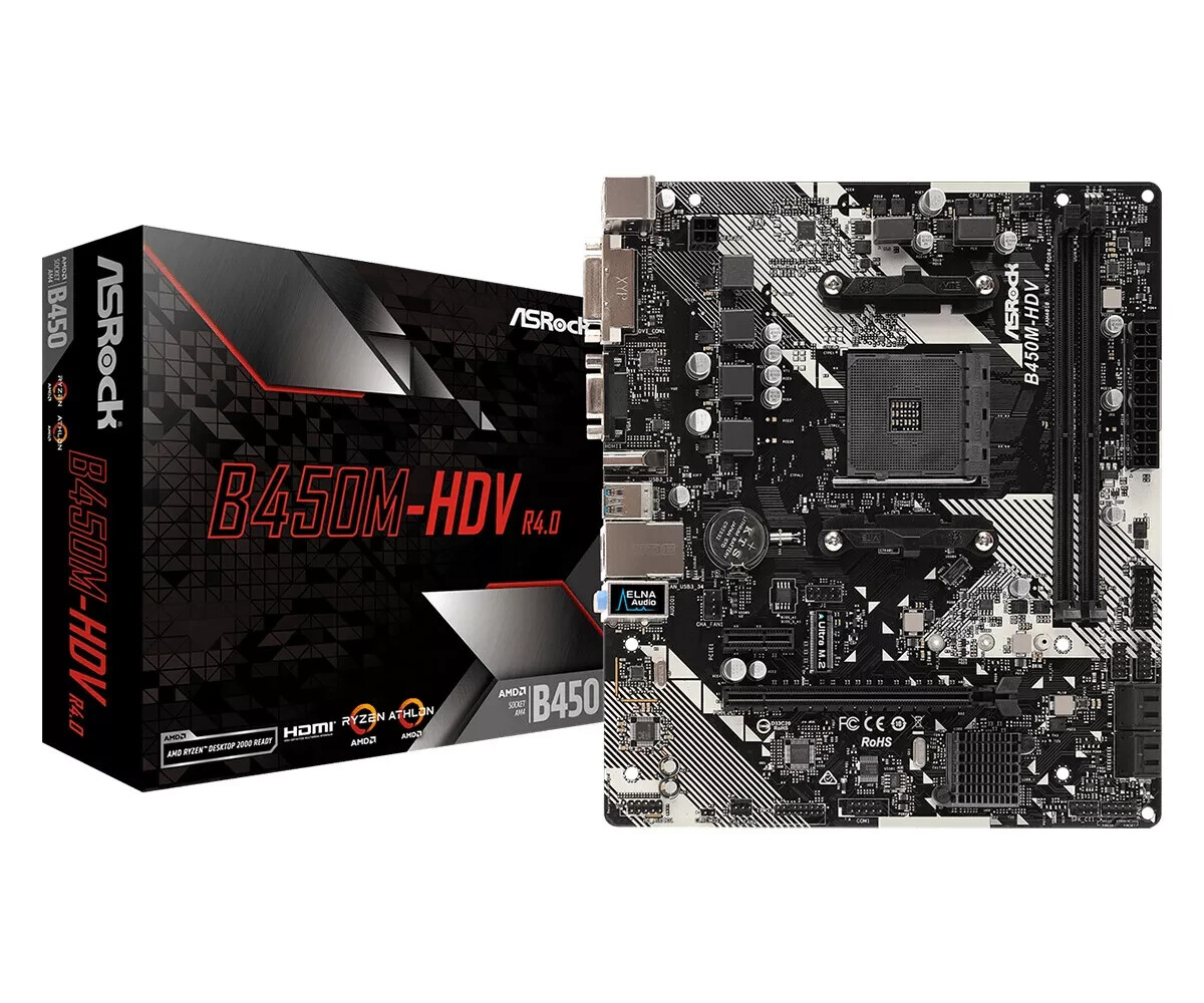 ASRock B450M-HDV R4.0 AM4 AMD Promontory B450 SATA 6Gb Micro ATX AMD Motherboard