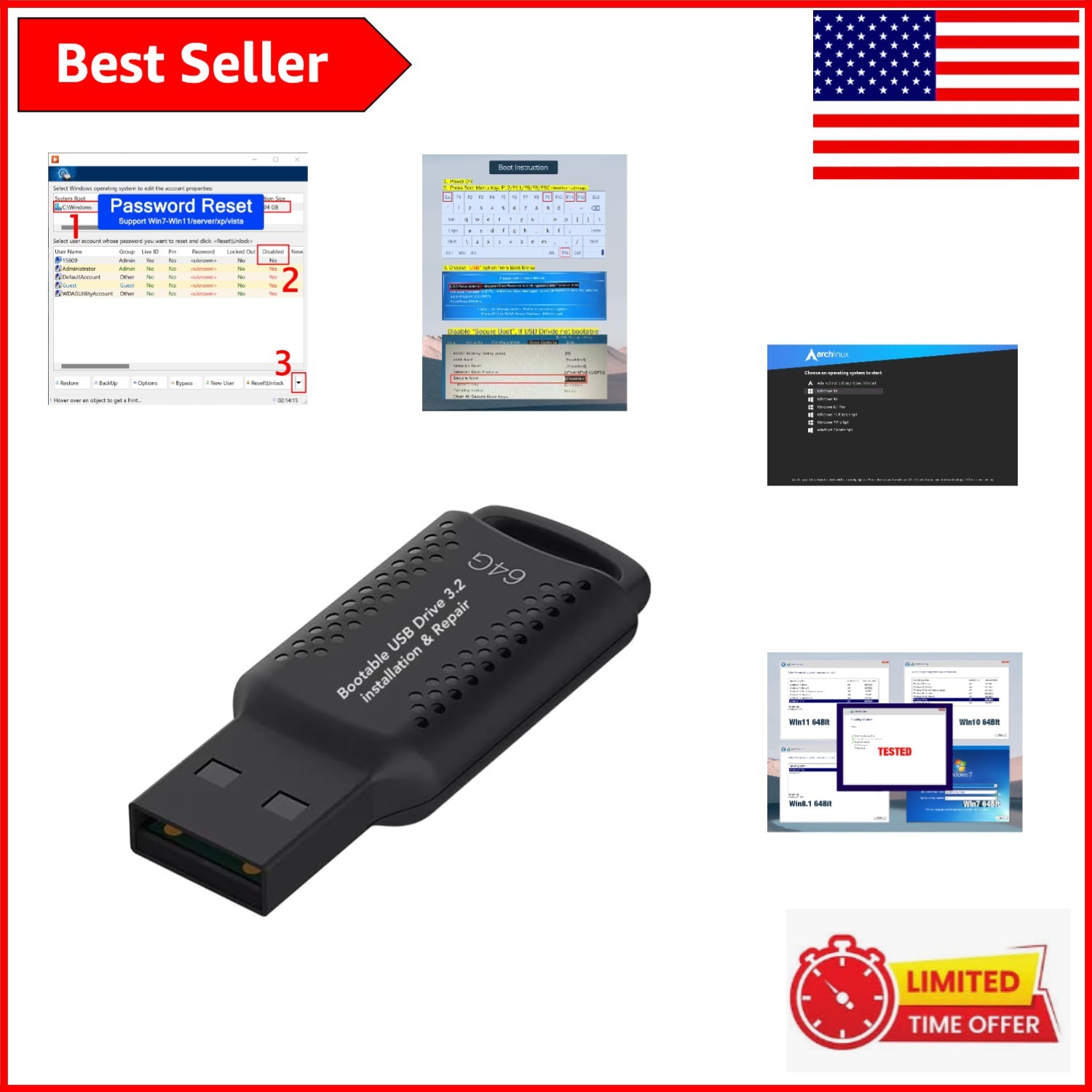 Ultimate 64GB USB 3.2: Install Windows with Ease - Password Reset & Diagnostics