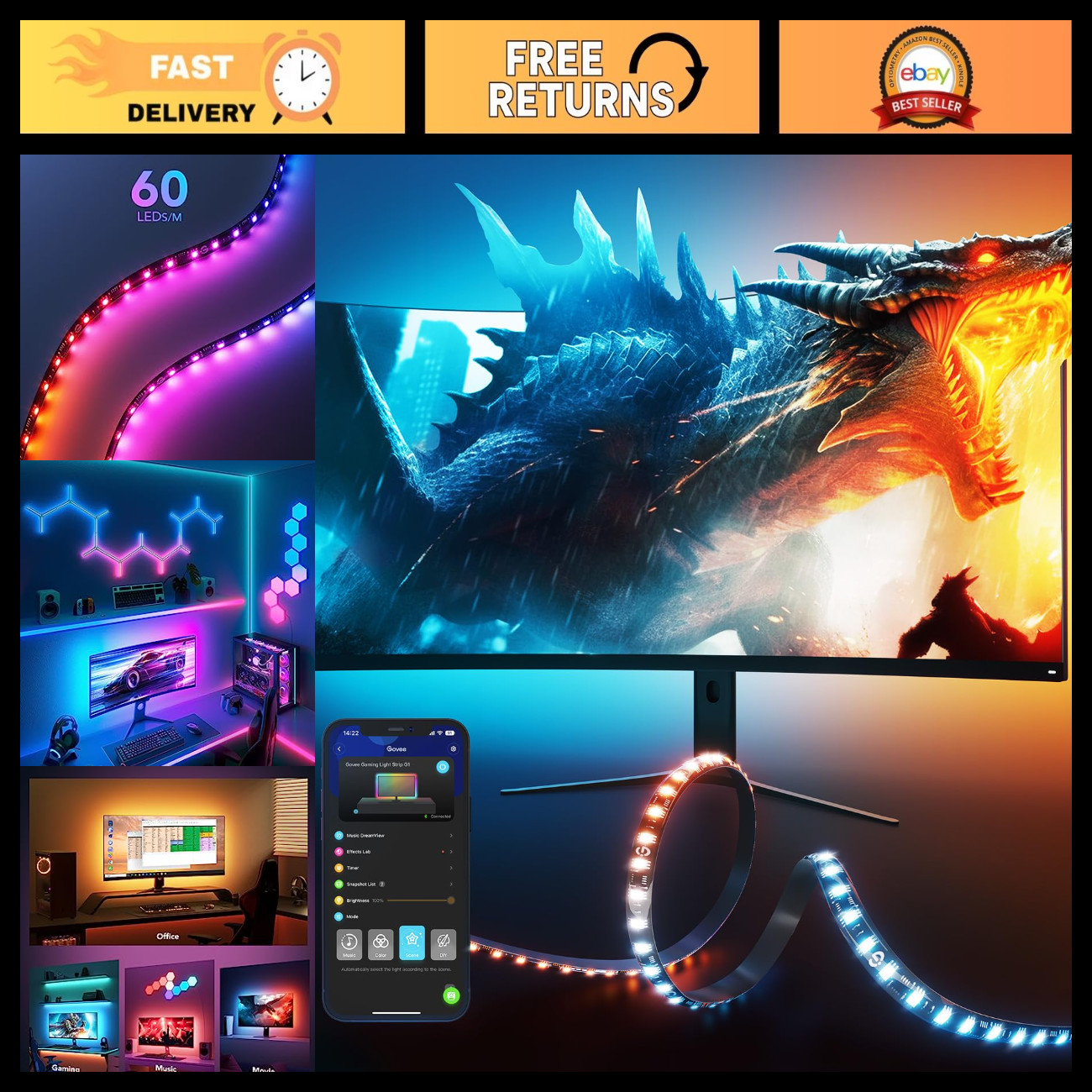 RGBIC Gaming Monitor Backlight - LED Strip Lights for 27-34 Inch PC Setup
