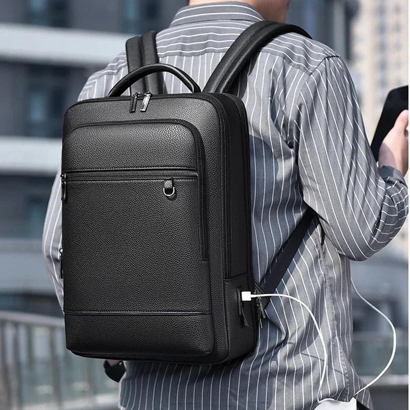 Men's Executive Pu Leather Laptop Backpack - USB Charging Business Briefcase