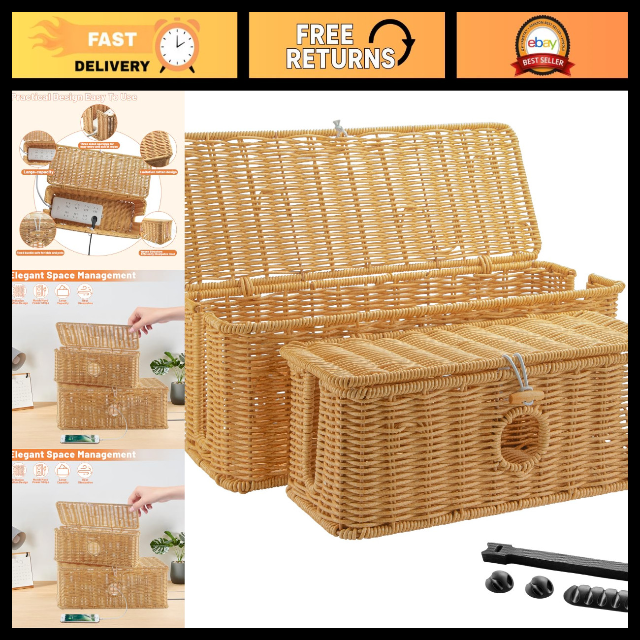 Handmade Rattan Cable Management Boxes - 2 Pcs Large & Medium Cord Organizers, P