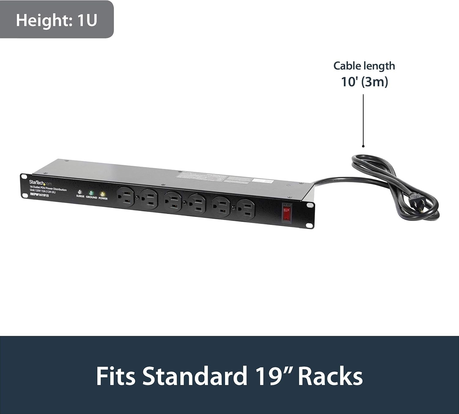 16-Outlet Horizontal 1U Rack Mount PDU Power StripSurge Protect 6' Cord 120V/15A