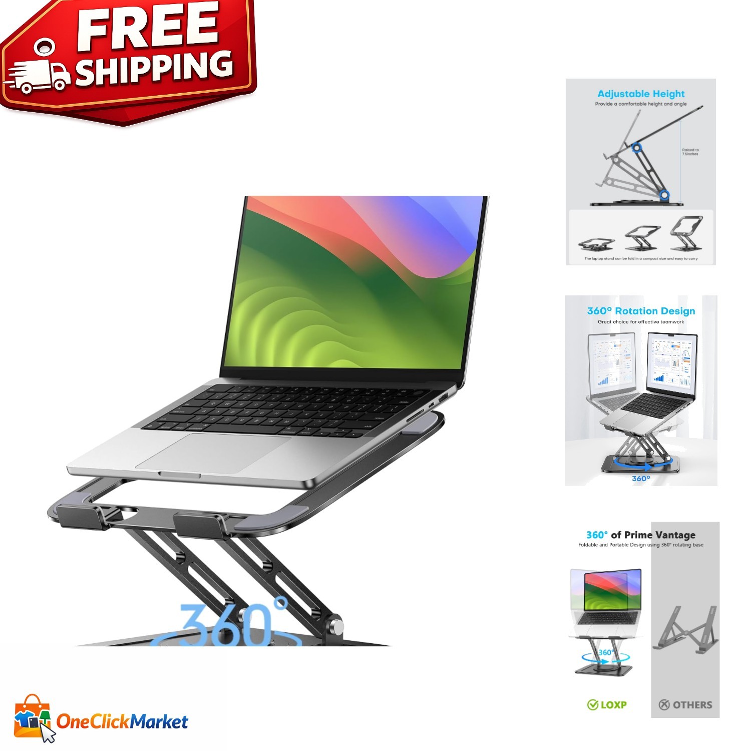 Sturdy Adjustable Laptop Stand with 360 Rotation - Ideal for Macbook & More