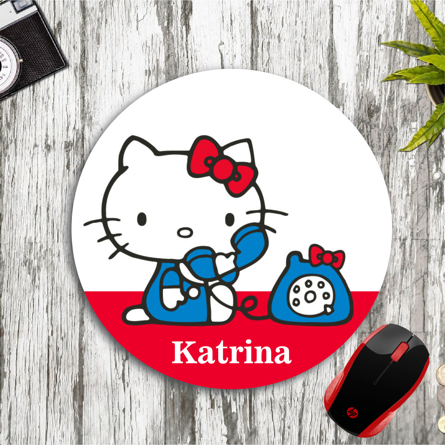 HELLO KITTY TALKING ON PHONE PERSONALIZED W/ NAME NEOPRENE MOUSE PAD DESK MAT