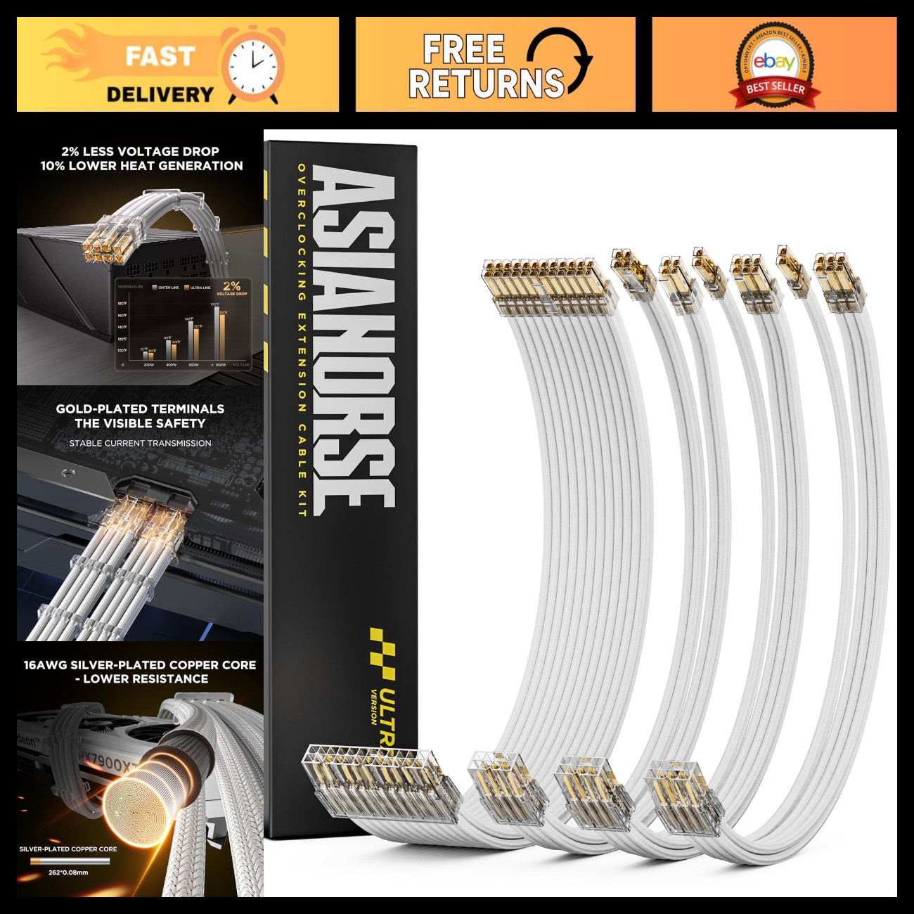 High-Performance 16AWG PSU Cable Extension Kit, 24pin/4+4pin/8pin, 30CM, 4PCS Br
