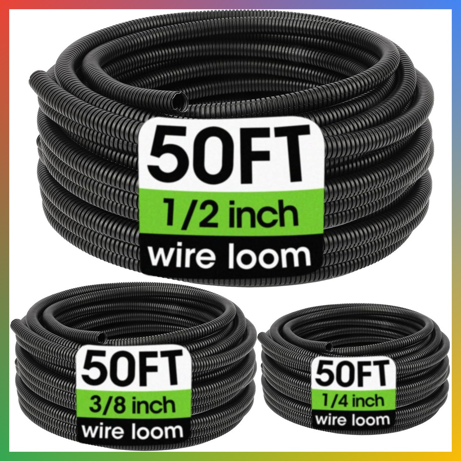 Split Wire Loom Tubing 1/4 1/2 3/8 Inch 50 ft Black Cable Sleeve Conduit