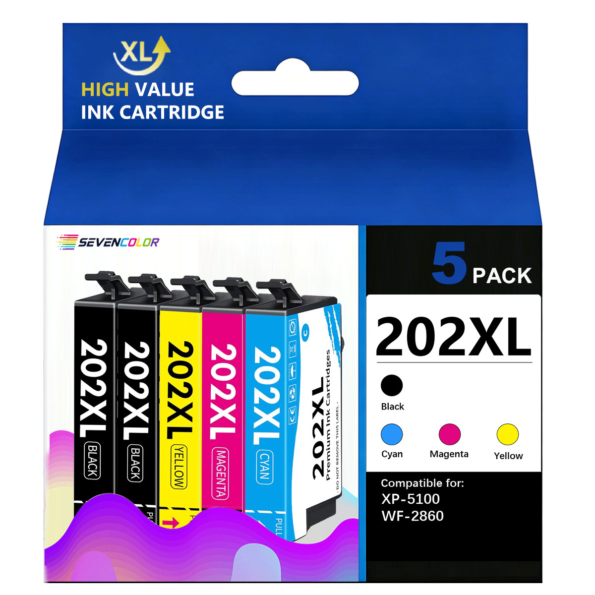 5Pack High Capacity Ink Cartridge 202XL Work for Espon XP-5100, WF-2860 Printers