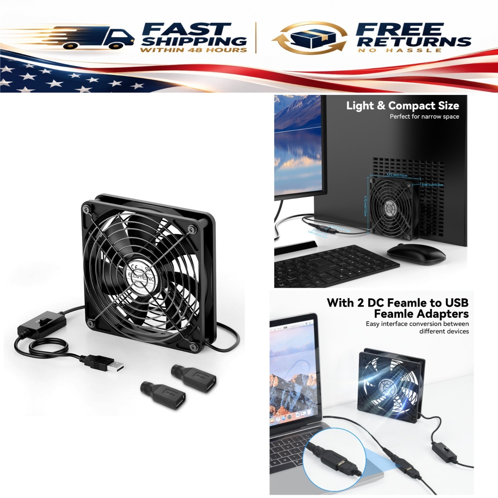 ELUTENG 120mm USB Computer Fan, 5V PC Cooling Fan with 3 Adjustable Speeds