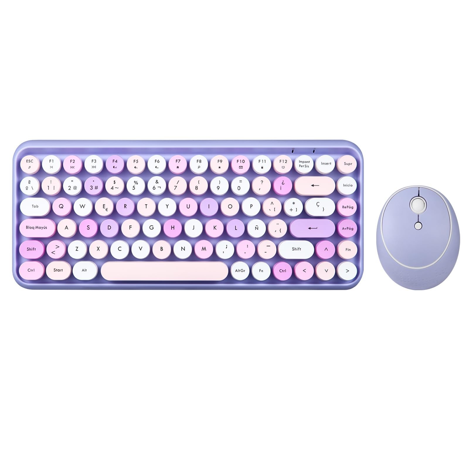 Wireless Mini Keyboard and Mouse Set, Retro Round Keys, 2.4GHz, Purple, QWERTY f