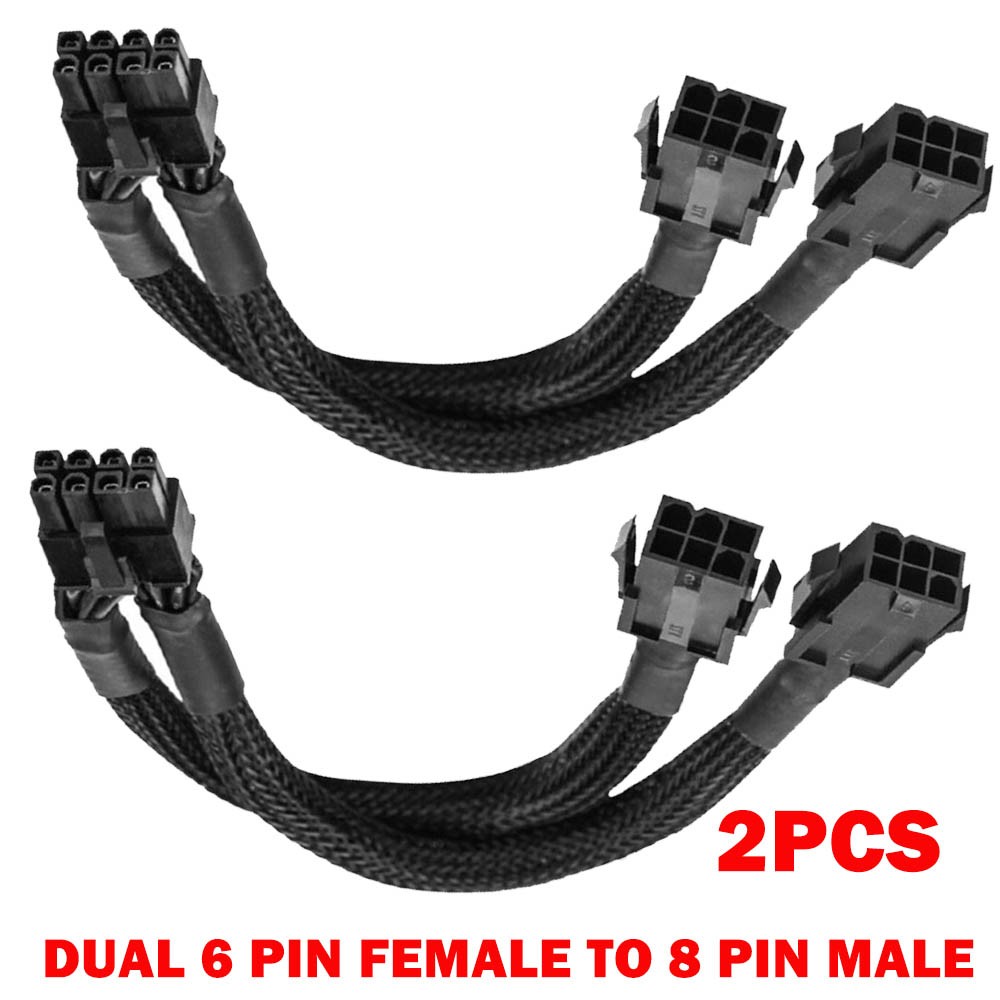 2Pack Dual 6 Pin Female to 8 Pin Male GPU Adapter Cable Braided Sleeved 20cm HOT