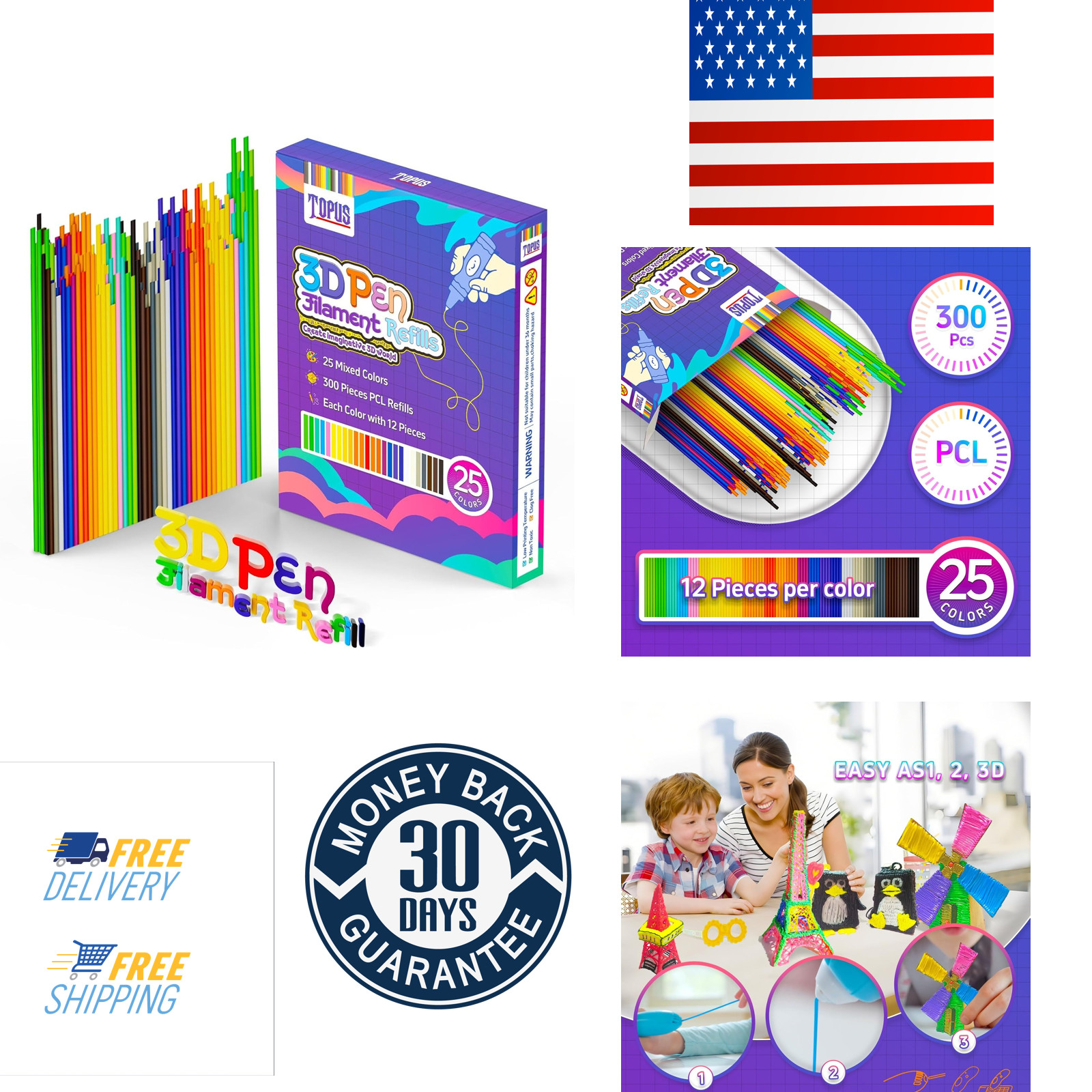 300Pcs 3D Pen Filament Refills Compatible with 3Doodler Start+ Pen, 25 Colors 3D