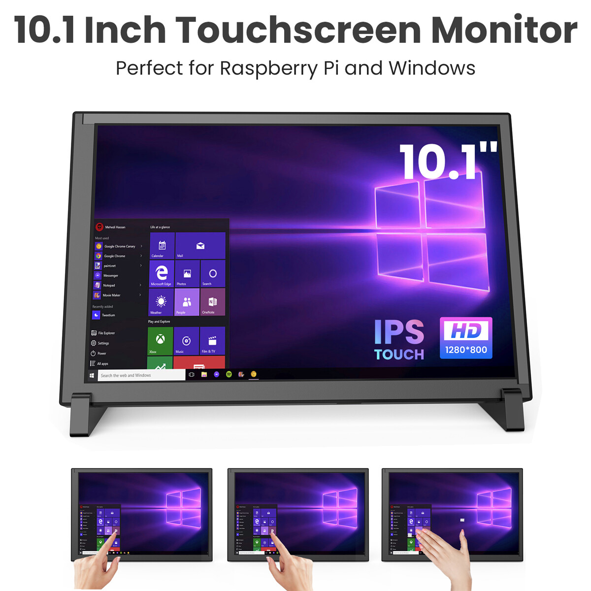 10.1in IPS HDMI Display Portable Touchscreen Gaming Monitor for Raspberry Pi PC