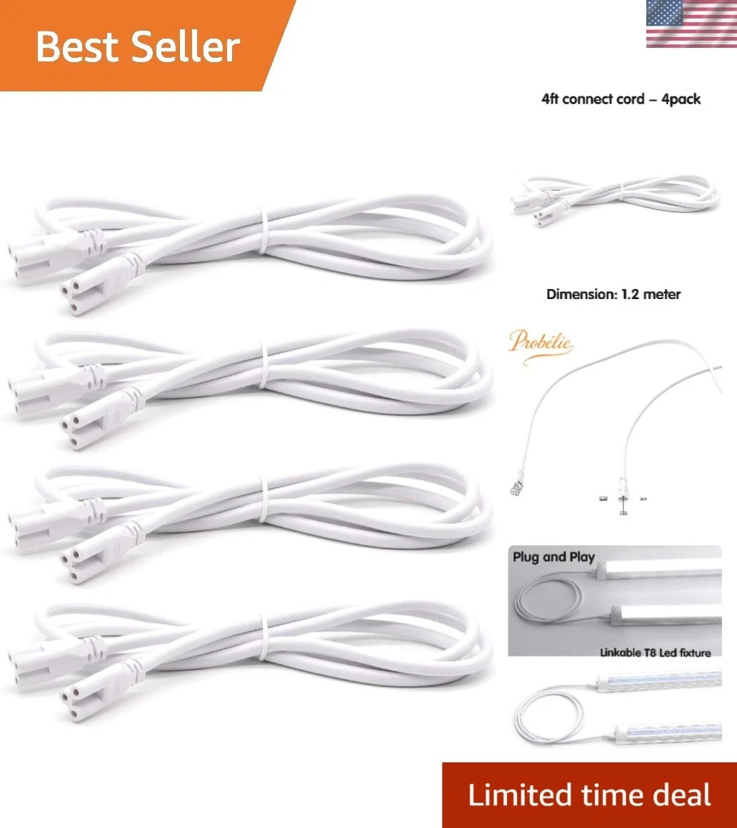Effortless 4FT LED Connector Power Cables for Integrated T5/T8 Fixtures - 4 Pack