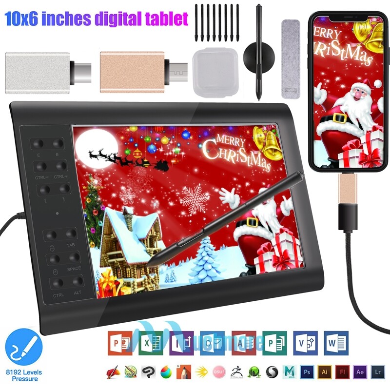 2024 10x6" inch Digital Graphics Drawing Tablet HD Screen with Battery-free Pen
