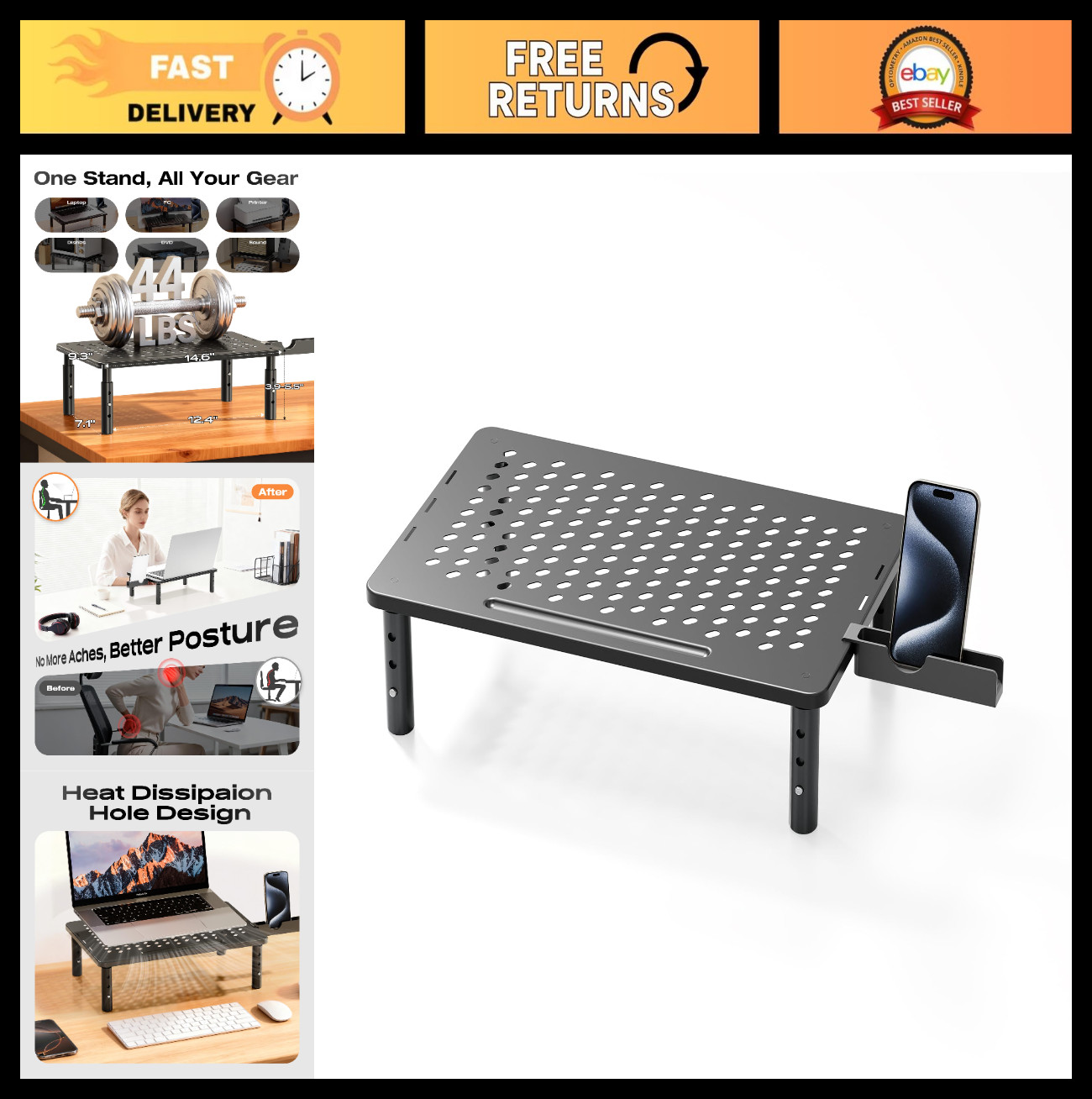 Adjustable Computer Monitor Stand Riser for Desk, Height-Adjustable Shelf with P