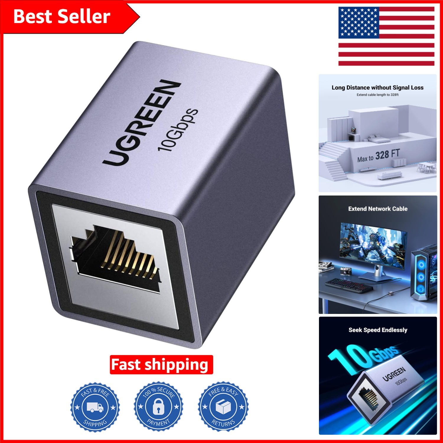 Durable Ethernet Extender 10Gbps for Cat8, 328ft Distance, Space Grey Finish