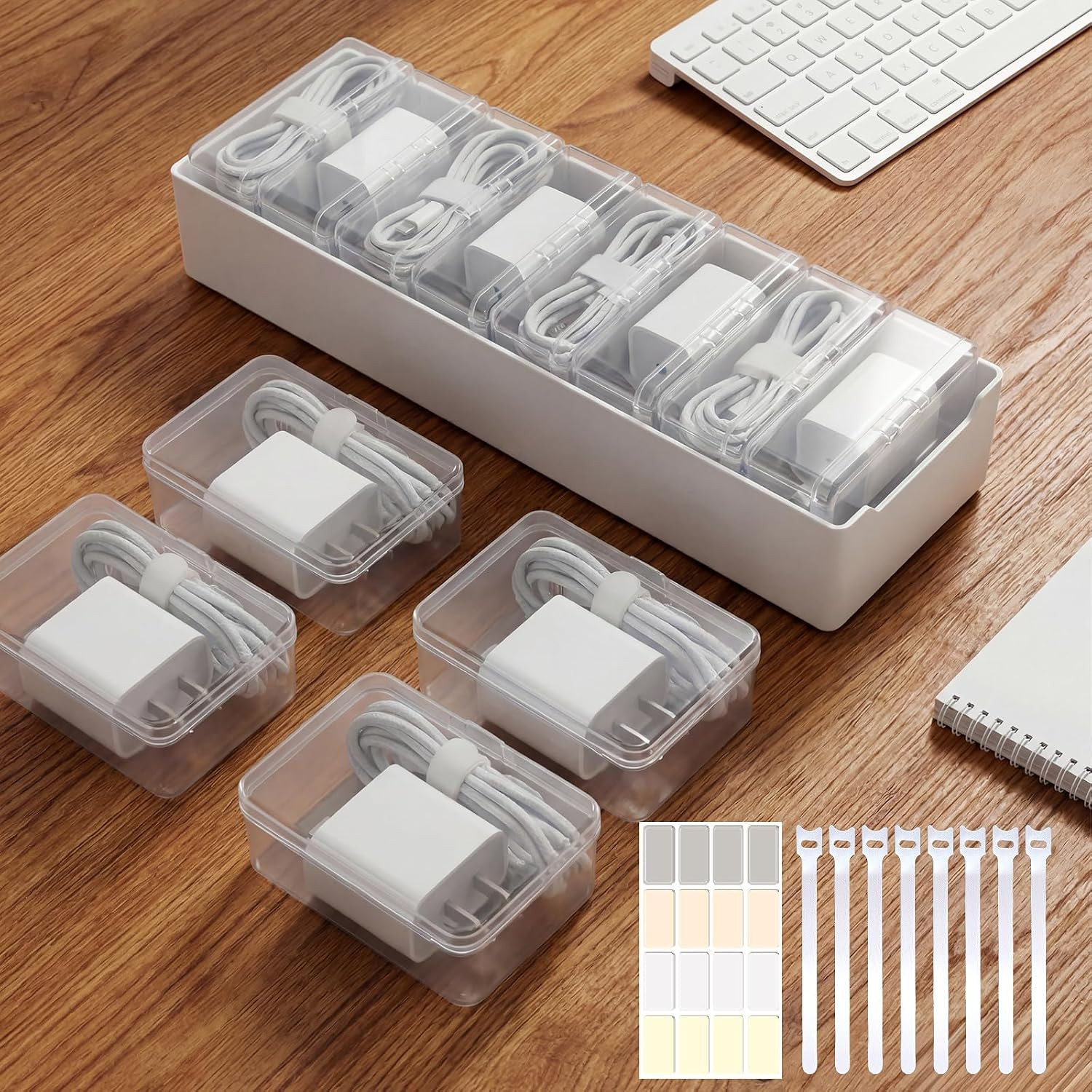 8 Pack Cable Organizer Boxes with Labels & Cord Storage