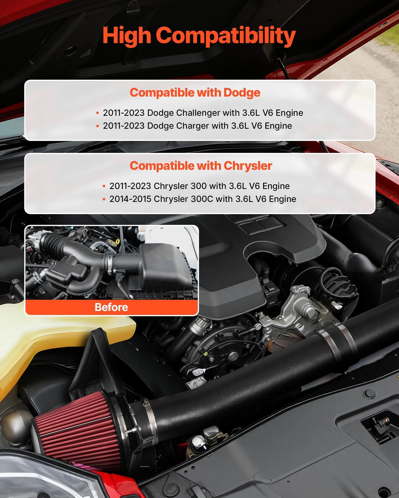 Cold Air Intake, 3.5 Inch Cold Air Intake System + Heat Shield Compatible with 2