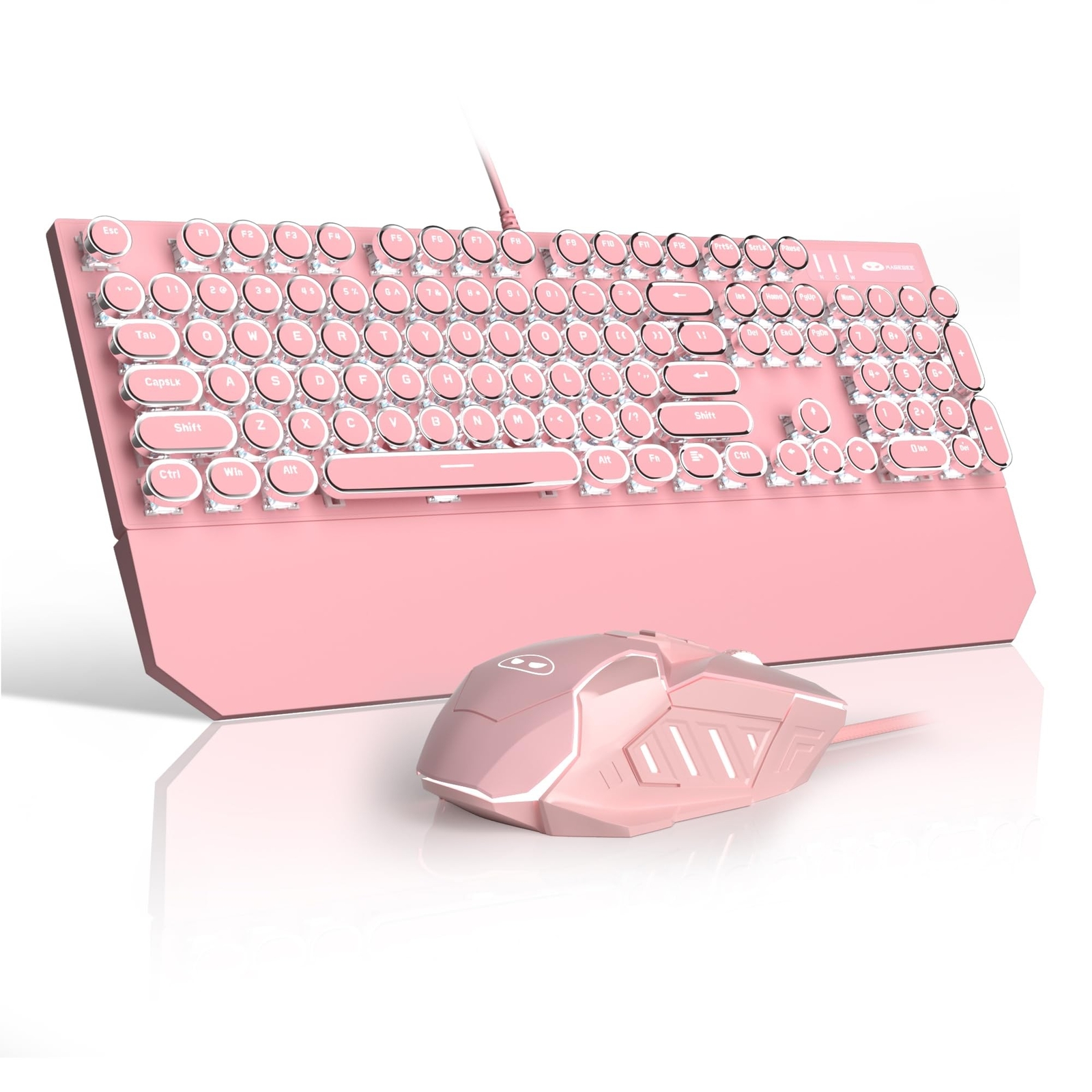Retro Pink Typewriter-Style Keyboard and Mouse Combo, Cute Light Up Wired Mec...