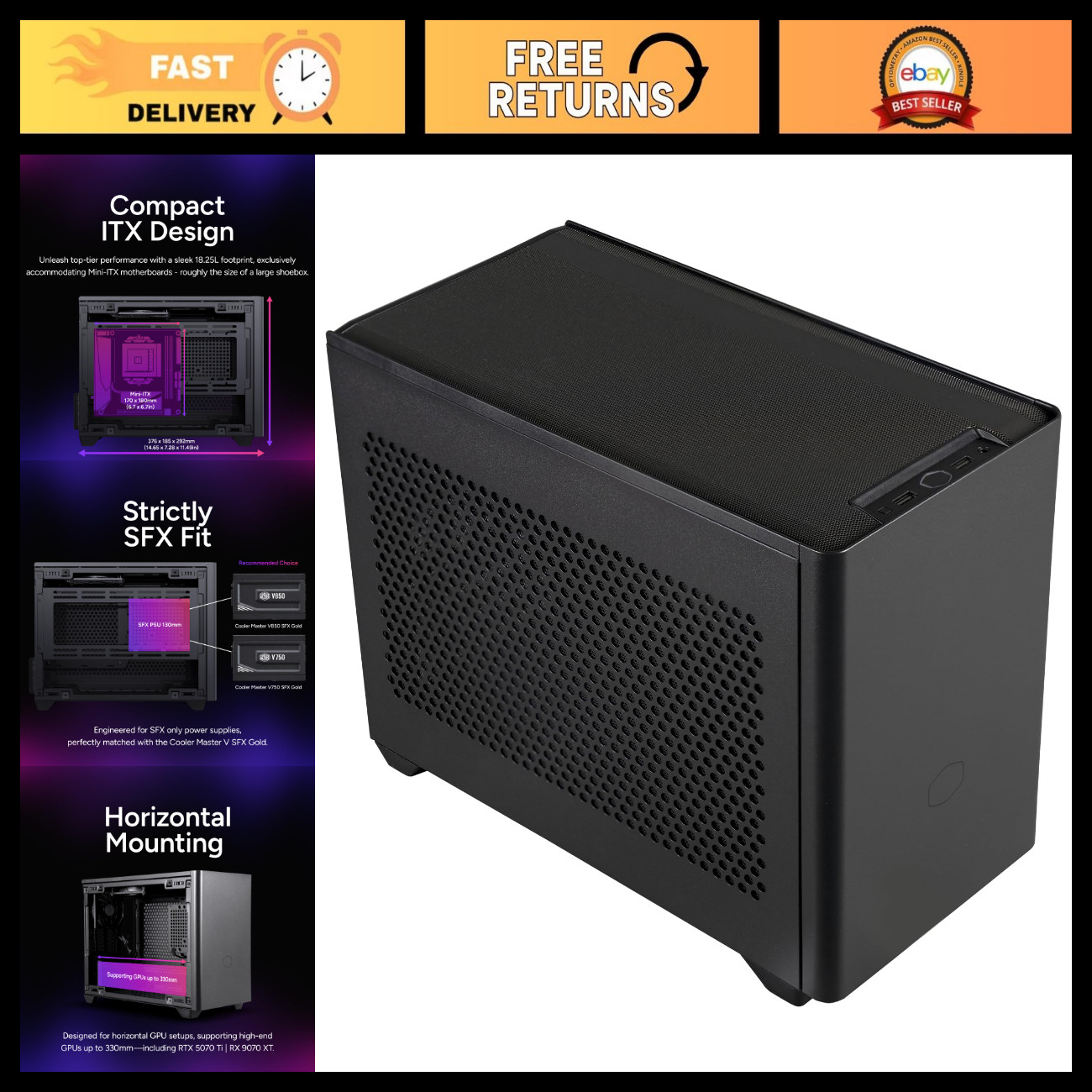 Mini-ITX PC Case, High Airflow Design, 330mm GPU Support, Compact Gaming Case