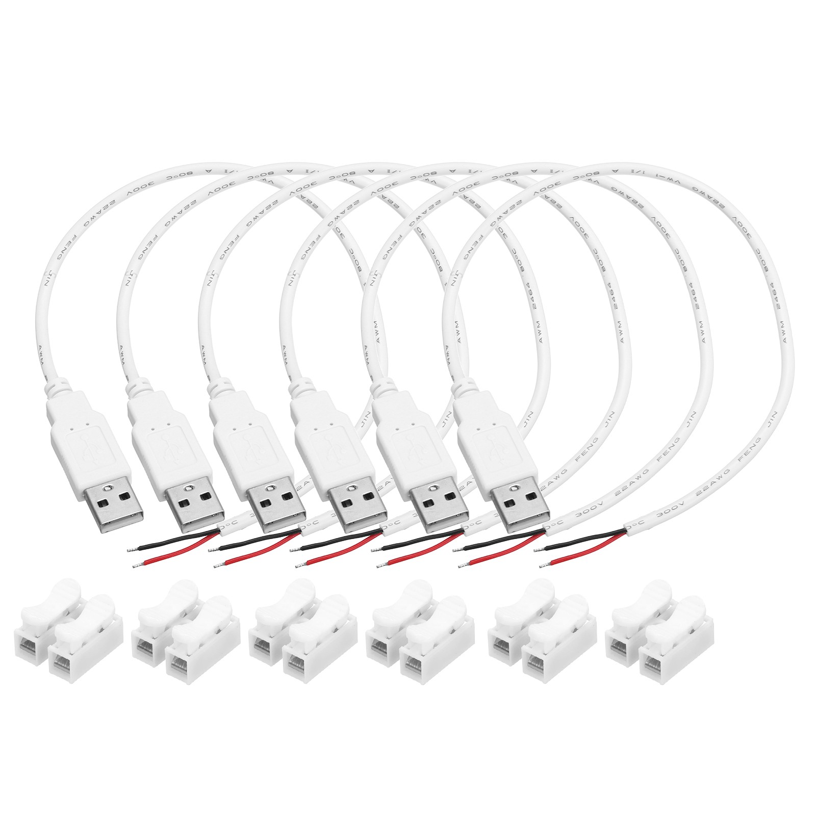 6Pcs USB Plug Pigtail, 0.3 M/1 ft Male 22 AWG 5V 3A with Wire Connector, White