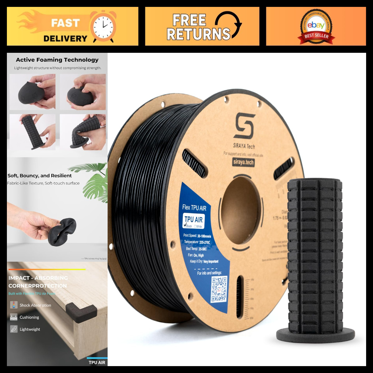 Flexible TPU 3D Printer Filament - Active Foaming, Black, 1kg for High Detail Pr