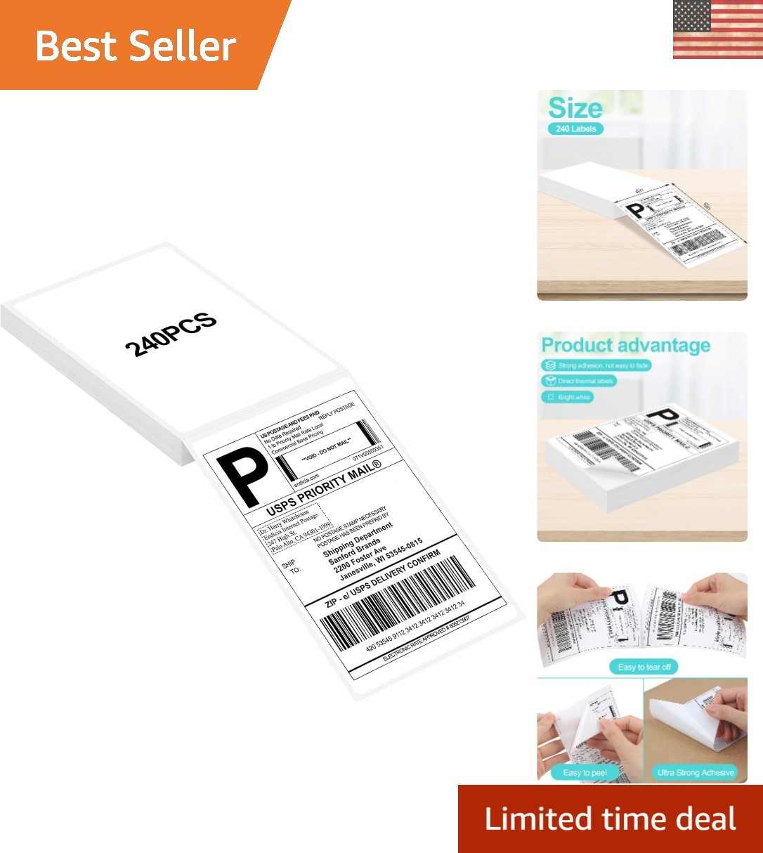 Durable 4x6 Thermal Shipping Labels - 240 Count, Scratchproof & Self-Adhesive